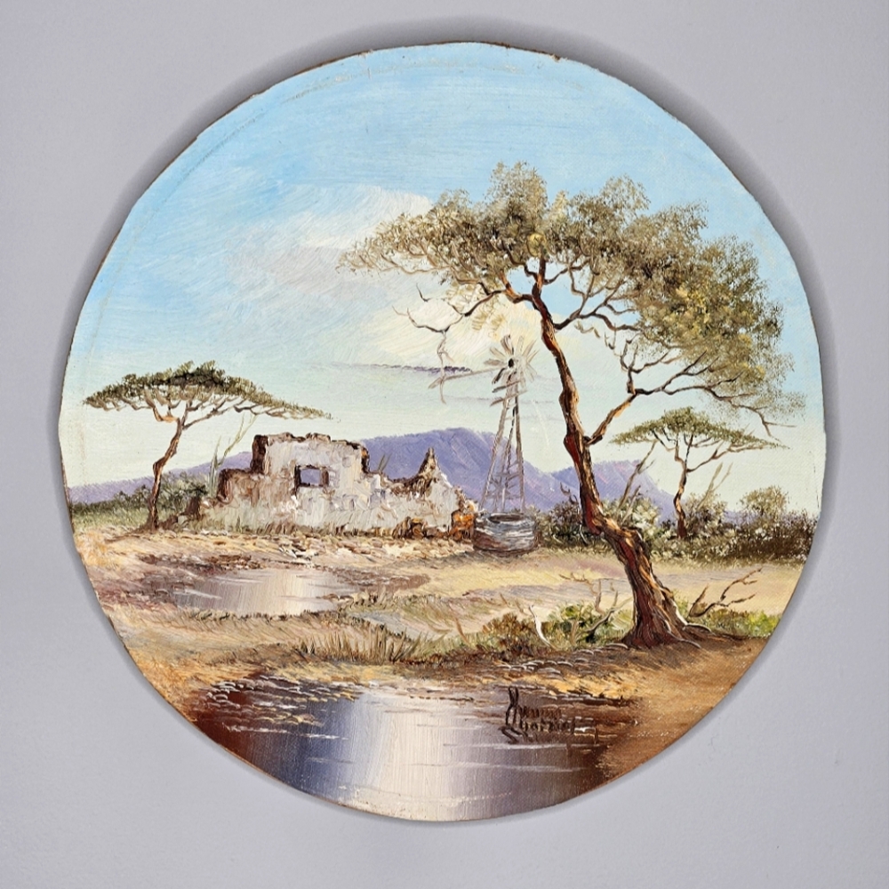 Original  Oil Painting Scenic Rustic Landscape River Sky Round Signed  on Board